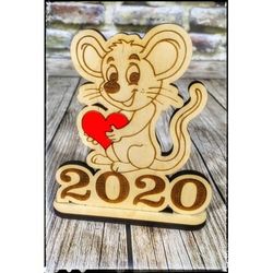 Laser Cut Happy New Year 2020 Mouse With Heart Free DXF File