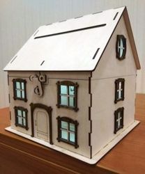 Wooden House Piggy Bank For Laser Cut Free DXF File