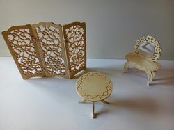 Laser Cut Wooden Room Divider Folding Screen With Furniture Coffee Table Dressing Mirror Table Dxf File Free DXF File
